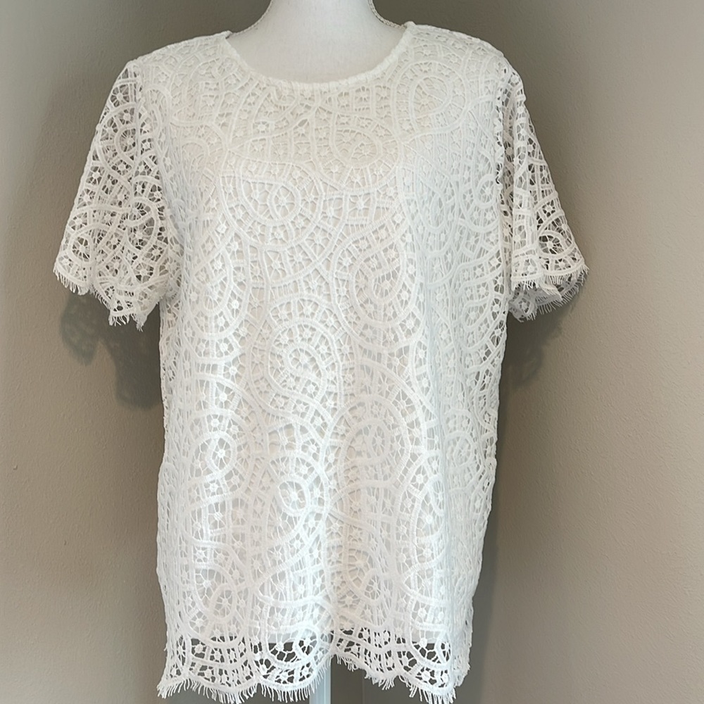 Philosophy | Lined Crew Neck Lace Short Sleeve Top | White | XL - Picture 2 of 7
